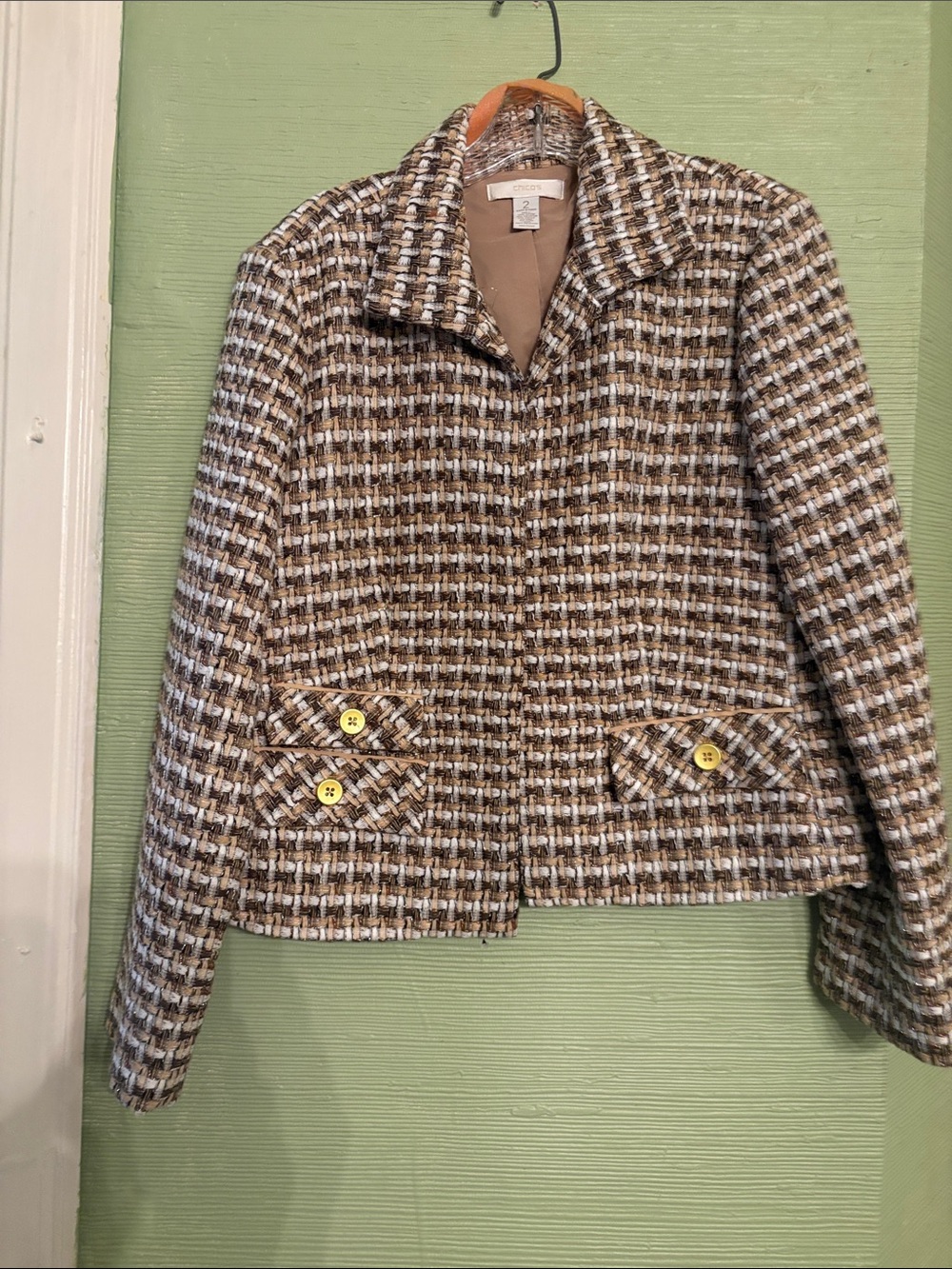 Chico's Brown and Cream Tweed Cropped Blazer